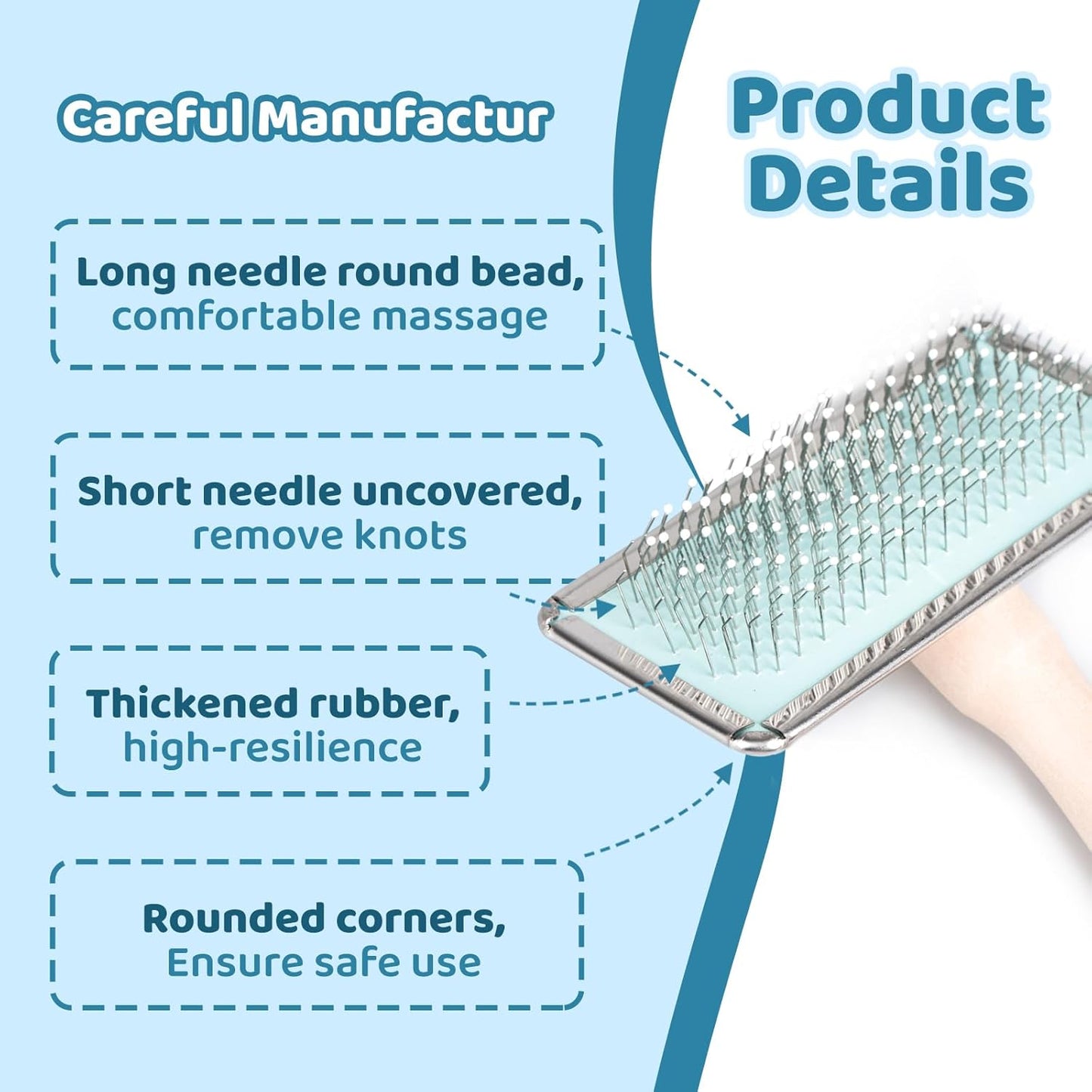 Pin Brush for Dog & Cat,Grooming Brush for Shedding, Dematting, Bath, for Long/Short Hair, Poodles, Indoor Cats, Wooden Handle, with Angled Stainless Steel Pins and Coated Tips