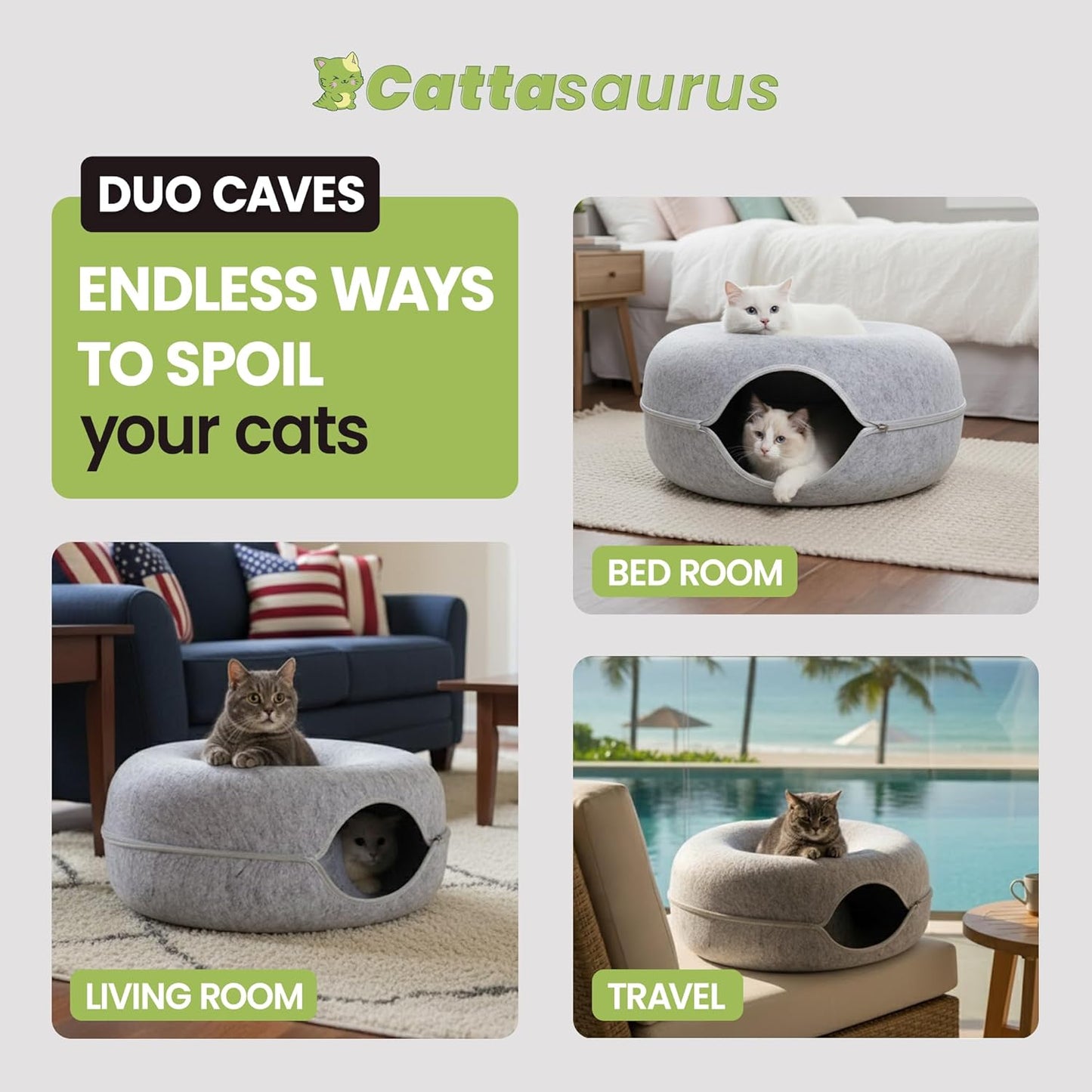 CATTASAURUS Peekaboo Cat Cave for Multiple & Large Cats Up to 30-45 Lbs, Scratch Detachable & Washable Tunnel Bed, Comfy Donut Cat Cave (Light Gray + Light Gray, Large)