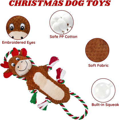 Christmas Squeaky Reindeer Dog Toys-Tug of War Dog Toy for Puppy- Keep Them Busy and Entertained- Interactive Pet Toys for Small & Medium Breeds