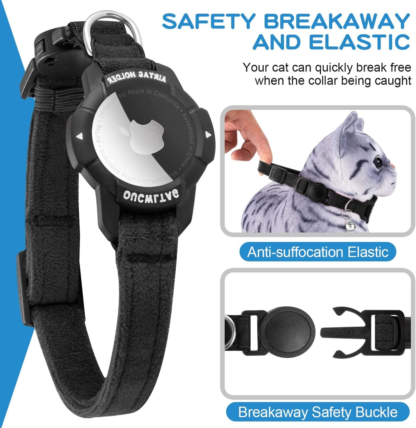 Luminous AirTag Cat Collar Breakaway, OUCWLTAG GPS Cat Collar with Apple Air Tag Holder, Cat Tracker Collars with Safety Elastic Band for Girl Boy Cats, Kittens and Puppies (Black, 9-13 Inch)