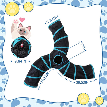 Pet Cat Tunnel, Angled 3-Way Junction Tunnels for Indoor Cats, Collapsible Pet Tunnel for Kitten, Puppy, Rabbit, 25cm-Wide Tunnels, Durable & Breathable, with Peek Hole Toy Ball