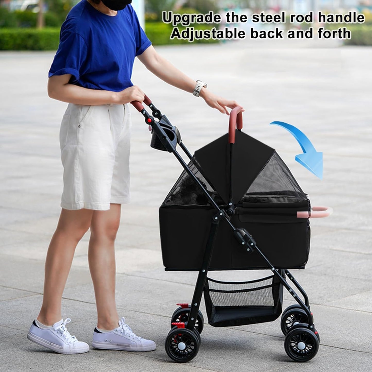 Pet Stroller Pram Dog Carrier Trailer 4 Wheels Foldable Dog with Storage Basket,Holds up to 44 lbs,Adjustable Handle,Folding Travel Stroller Suitable for Traveling with Cats and Dogs (Black)