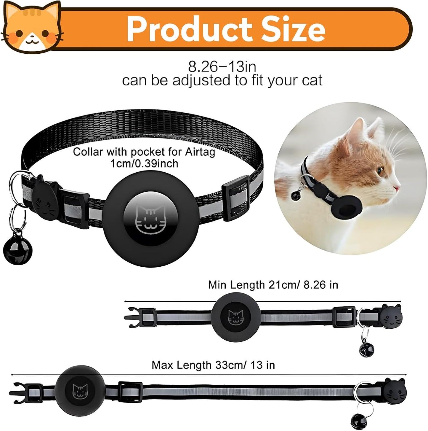 Airtag Cat Collar with Bell, Reflective Nylon Kitten Collar with Apple Air Tag Holder and Breakaway Safety Buckle for Puppy Girl Boy Cats, 3/8" in Width and Lightweight, Black