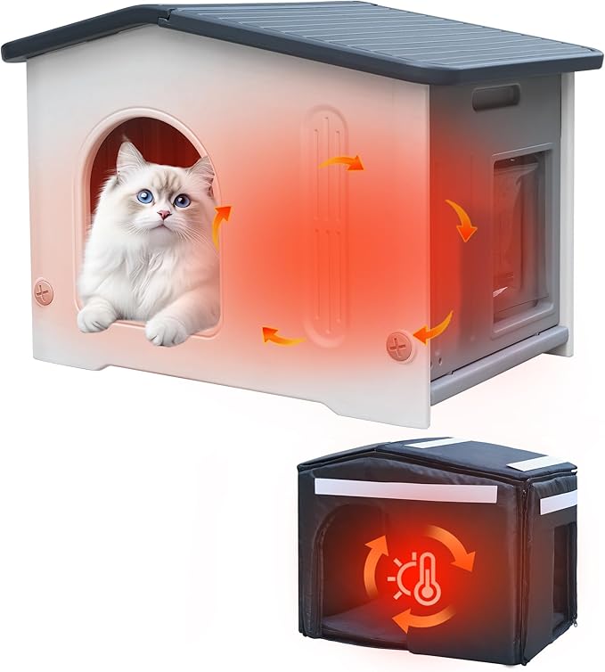 Outdoor Cat House with Insulated Liner, Weatherpoof Plastic Insulated Cats Houses with Escape Door Indoor Waterproof Feral/Pet Cat Shelter Outside for Puppy, Rabbit for Winter