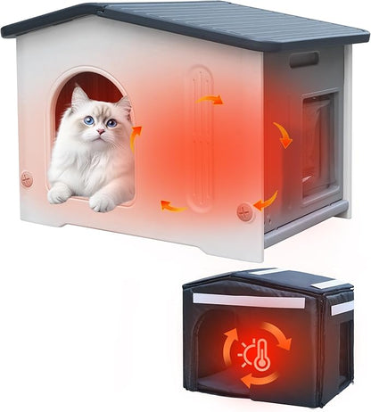 Outdoor Cat House with Insulated Liner, Weatherpoof Plastic Insulated Cats Houses with Escape Door Indoor Waterproof Feral/Pet Cat Shelter Outside for Puppy, Rabbit for Winter
