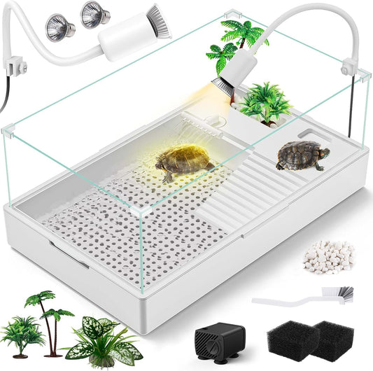 Large Turtle Tank Kit(Tank + Light + Water Pump), Acrylic Turtle Tank Starter Kit with Two Rain Shower Head, Adjustable 5W Water Pump, Higher Fences (Kit-L)