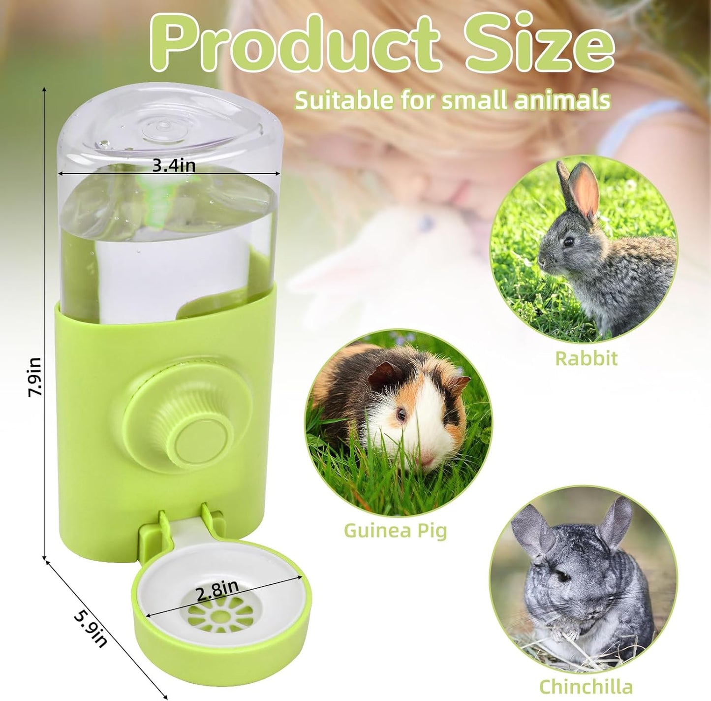 Rypet Hanging Rabbit Water Bottle Cage, 21oz Guinea Pig Water Bottle Dispenser, Automatic Small Pet Cage Water Feeder for Bunny Chinchilla Hamster Hedgehog Ferret Rat Gerbil Small Animal (Green)