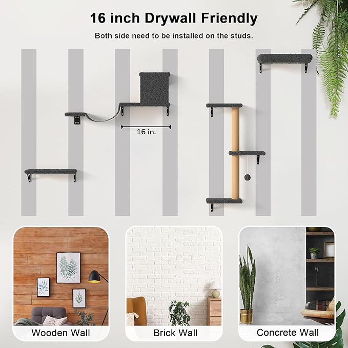 FUKUMARU Cat Wall Shelves, Stable & Safe 4 in 1 Cat Furniture Set, Wooden Climbing Wall with Scratching Post for 16 Inch Drywall - Gray