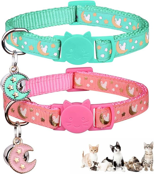 2Pcs Breakaway Cats Collars Cat Collars for Boy & Girl Cats Adjustable Kitten Collars with Bell,Pink+Teal,8"-13.1"