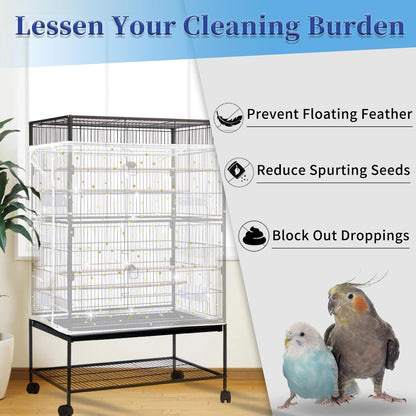 Daoeny Bird Cage Seed Catcher, Large Bird Cage Cover, Adjustable Soft Airy Nylon Mesh Net, Birdcage Cover Skirt Seed Guard for Parrot Parakeet Macaw African Round Square Cages (White, Sequins Star)
