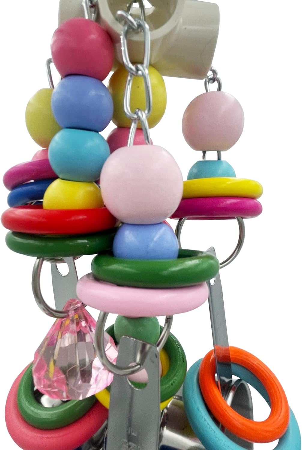 Metallic Pots and Multicolored Ring Strings Toys, Pullable 5 Stainless Steel Cups and Wooden Ring Toys for Large and Extra Large Parrot Amazons Macaws African Greys Cockatoos Eclectus