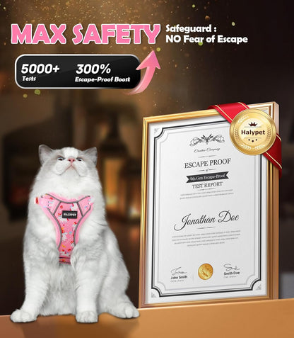 Halypet Cat Harness and Leash Set[MAX Safety 4th-Gen] Cute Escape Proof Vest Harness for Girl&Boy Cat Walking, Comfortable Adjustable Leash and Reflective Strips for Outdoor Kitten, M Pink Unicorn