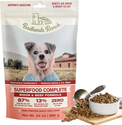 BADLANDS RANCH - Superfood Complete, Air-Dried Adult Dog Food - High Protein, Zero Fillers, Superfood Nutrition by Katherine Heigl (24 oz, Beef & Bison Formula)