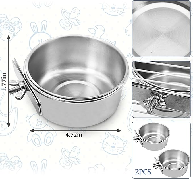 PINVNBY 2PCS Parrot Feeding Cups Birds Food Dish Stainless Steel Parrot Feeders Water Cage Bowls with Clamp Holder for Cockatiel Conure Parakeet Parrot Macaw Small Animal (Size: M)