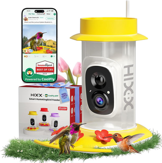 HIXX Smart Hummingbird Feeder with Camera Solar Powered, with Ant Moat & Bee Proof AI Bird Recognition, Easy Clean & Refill, with Coolfly Birdwatching APP, Ideal Gifts for Hummingbird Lover (Pink)