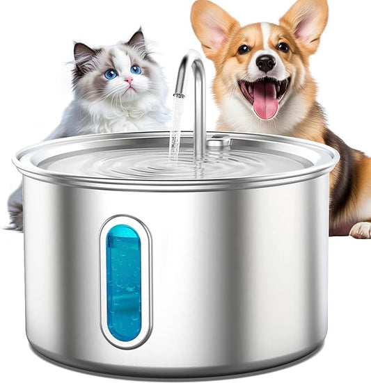 Stainless Steel Cat Water Fountain, 3.2L/108oz Quiet Automatic Cat Water Dispenser, Indoor Pet Spout, Dog Drinking Bowl with 1x Filter & 1x Sponge for Cats/Dogs/Multiple Pets - Silver