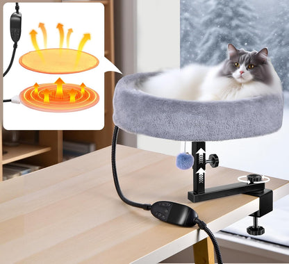 Cat Desk Bed with Heating Pad - 360° Rotating & Adjustable, Supports 44 lbs, Soft Faux Fur with Dual-sided Reversible Mat, Indoor Cat Nest Furniture for Office Desks and Game Tables, Island Table