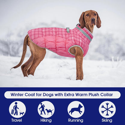 FUAMEY Dog Coat for Small Dogs,Waterproof Dog Winter Jacket with Harness Built in Puppy Cold Weather Coats Reflective Pet Vest with Zipper Warm Fleece Dogs Snowsuit Windproof Rose Plaid S
