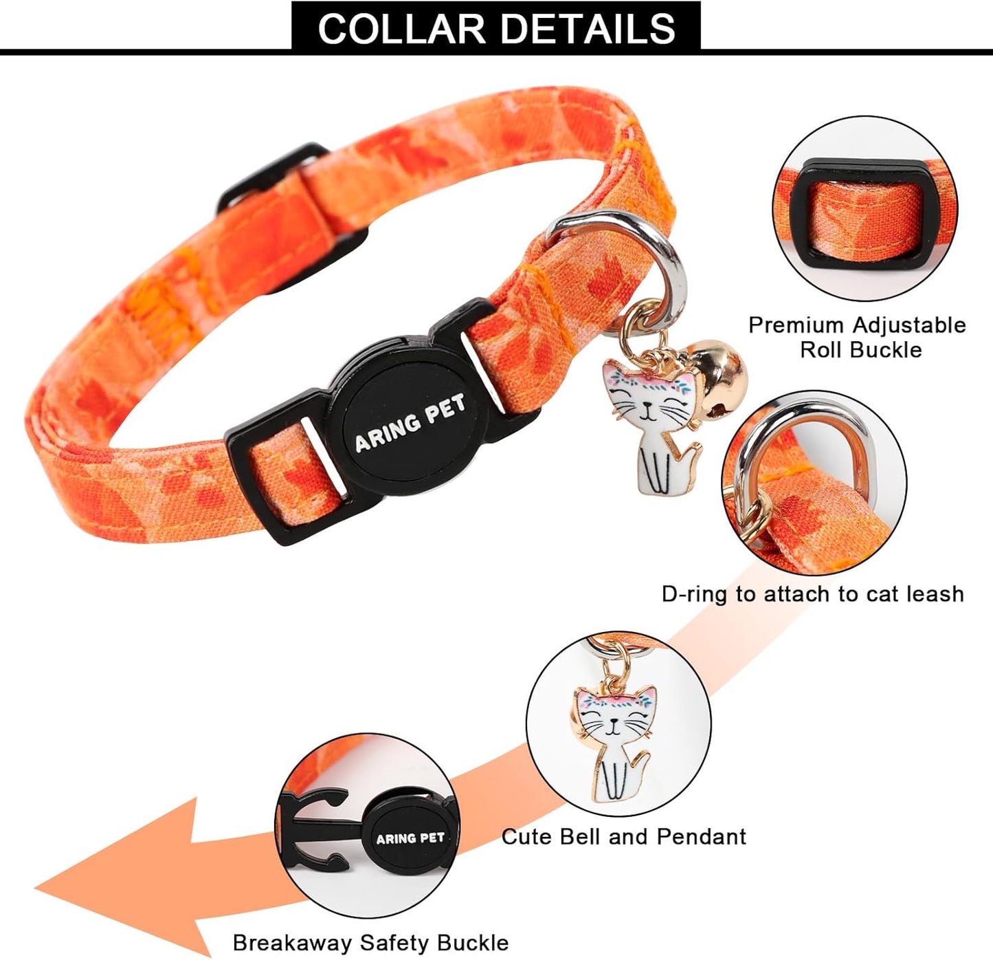 ARING PET 2 Pack Fall Cat Collars-Cute Cat Collar Breakaway with Bell & Pendant, Adjustable Fall&Halloween Kitten Collars with Safety Buckle for Girl and Boy Cats