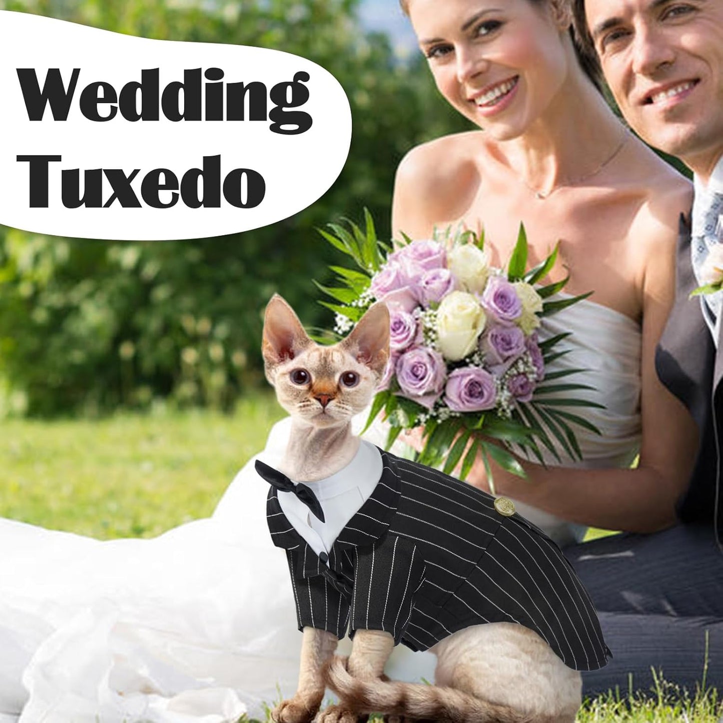 QBLEEV Cat Tuxedo Suit, Sphynx Cat Suit with Bow Tie, Cat Halloween Costumes, Kitten Formal Attire Wedding Birthday Onesie Clothes for Male Female Hairless Cats