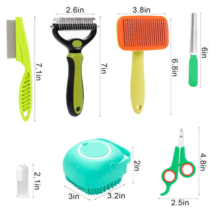 VCZONE 8 Pcs Dog Grooming Kit: Nail Clipper, Flea Comb, Shampoo Brush, Shedding Brush, Dematting Comb, Silicone Toothbrush (Green)