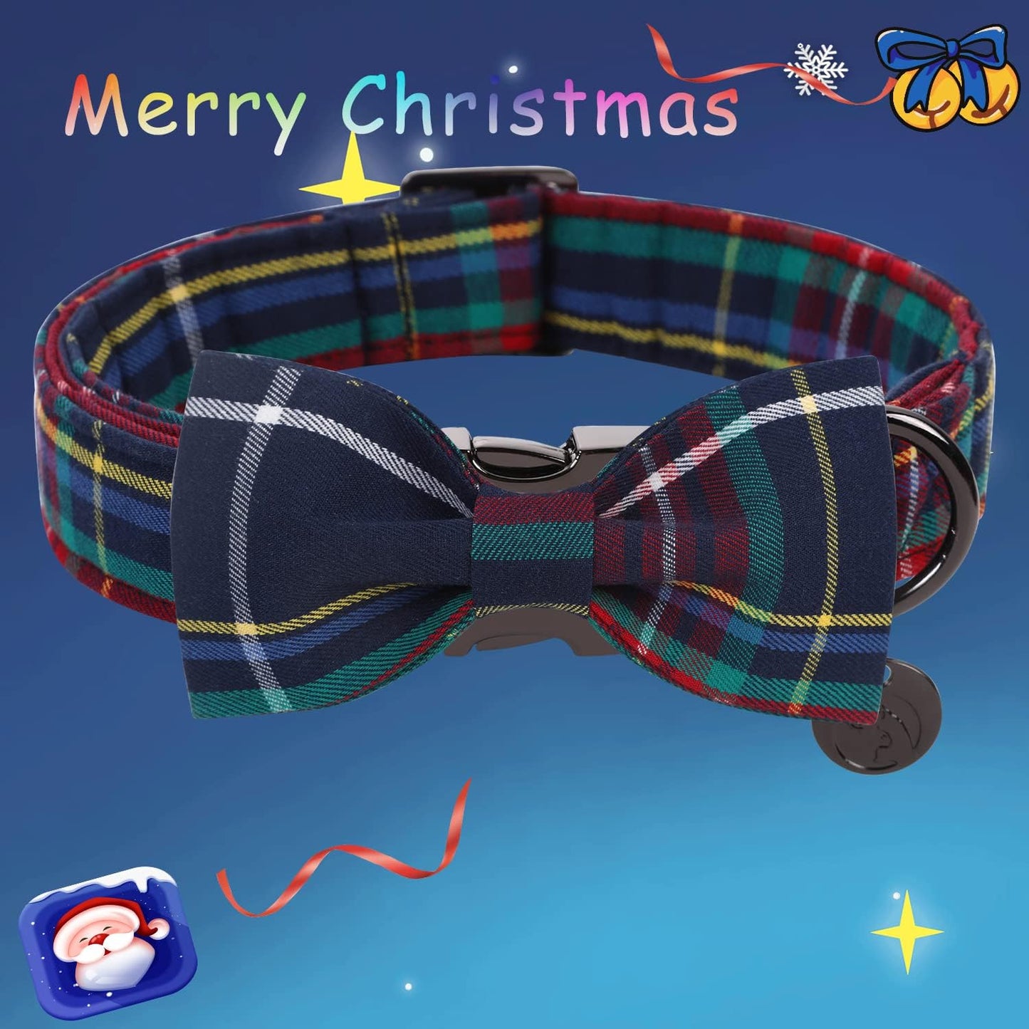 DOGWONG Christmas Dog Collar with Bow tie, Red Blue Plaid Gingham Dog Collar Soft Durable Adjustable Cotton Blue Tartan Puppy Collar for Small Medium Large Dog