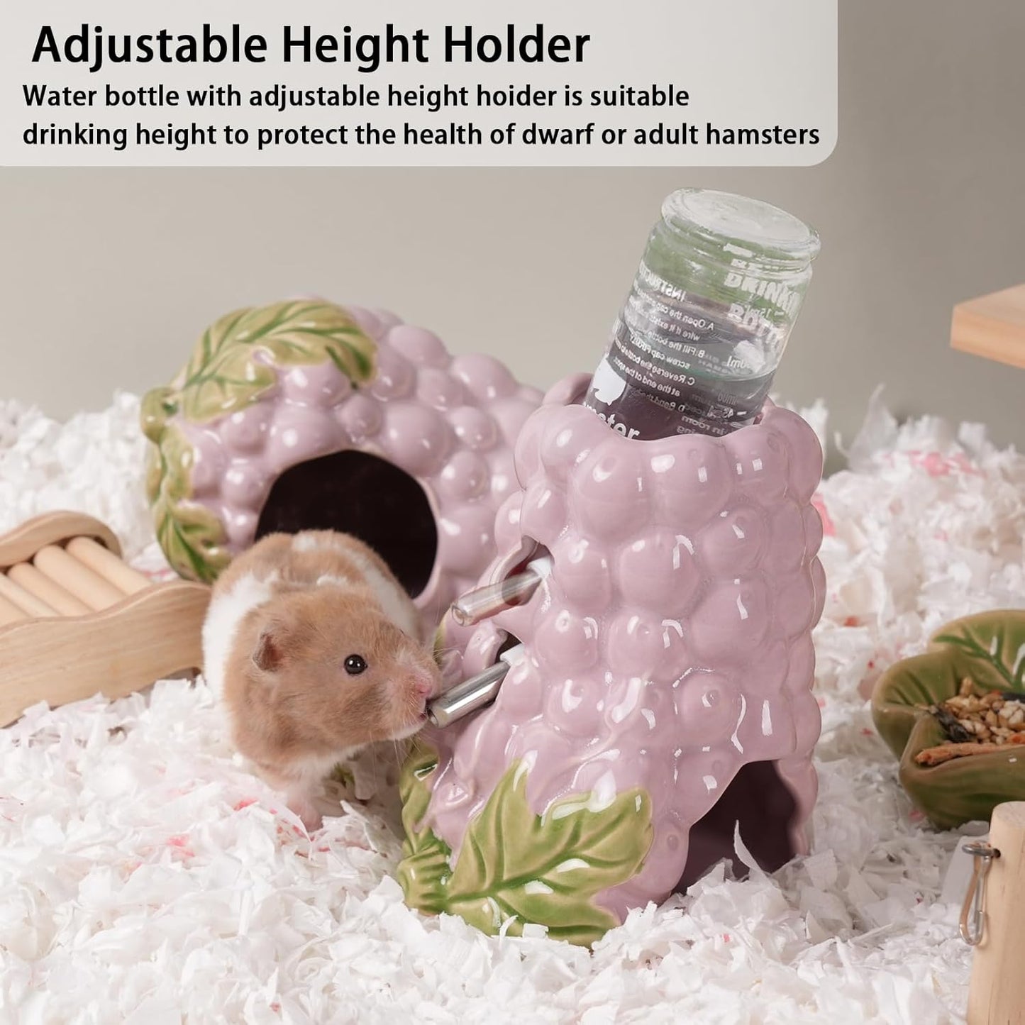 Hamster Water Bottle, Grape Ceramic Hamster Water Dispenser for Glass Tank,125ML Water Bottle Holder with 2 No Drip Caps for Syrian Mice,Gerbil
