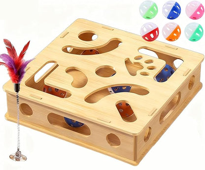 Cat Scratch Puzzle Enrichment Box Nail File - Natural Solid Oak Wood Cat Toy with 6 Bell Balls & Feather Wand, Furniture Protector & Stress-Free Nail Care for Indoor Cats, Best Gift for cat