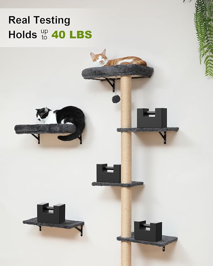 FUKUMARU Cat Wall Shelves, Stable Wall Mounted Cats Furniture Set, Kitten Scratching Post with Soft Cushion Perch, Space Saving Climbing Wall for 16 Inch Drywall - Gray