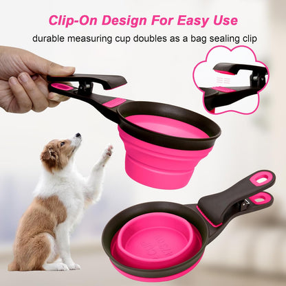Collapsible Silicone Dog Food Scoop Foldable Pet Food Measuring Cup with Bag Clip 3 in 1 Multi-Function Silicone Dog Food Scooper (Rose Red, Medium)