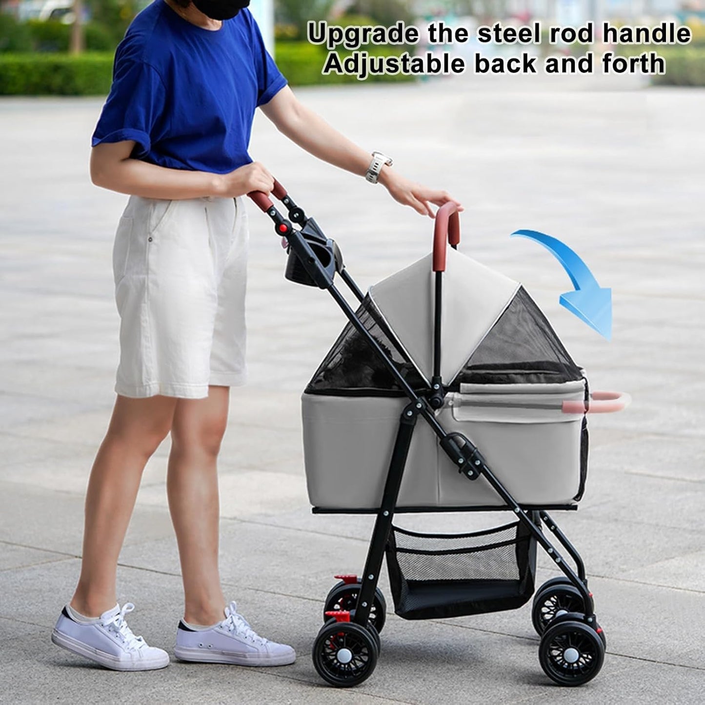Pet Stroller Pram Dog Carrier Trailer 4 Wheels Foldable Dog with Storage Basket,Holds up to 44 lbs,Adjustable Handle,Folding Travel Stroller Suitable for Traveling with Cats and Dogs (Grey)
