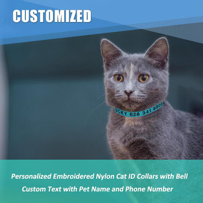 Personalized Nylon Cat Collars,Custom Embroidered Pet Name and Phone Number,Breakaway Collar with Safety Release Buckle and Bell,Adjustable Cats and Kitten Collars,Red