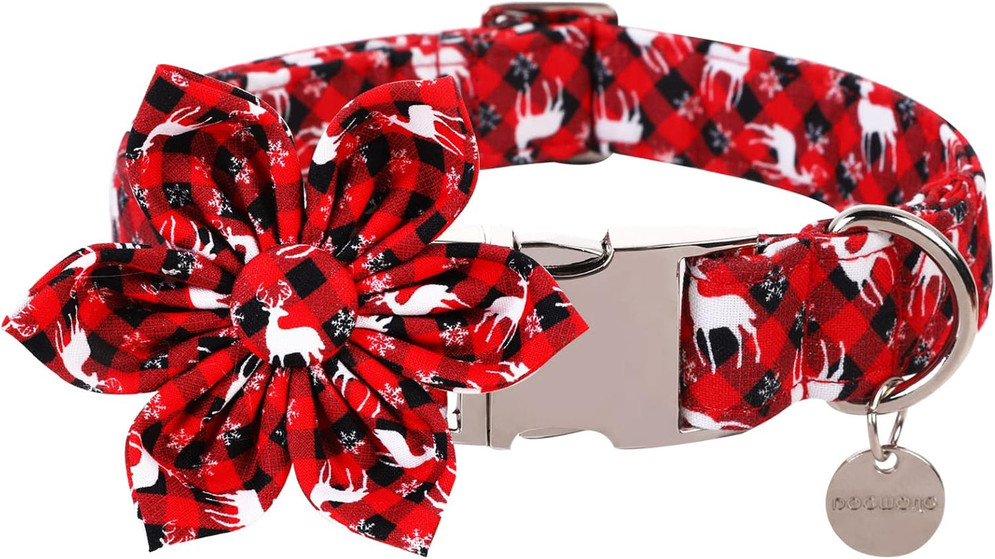 DOGWONG Christmas Dog Collar with Flower, Red Plaid Deer Dog Collar Soft Durable Adjustable Cotton Puppy Collar for Small Medium Large Dog