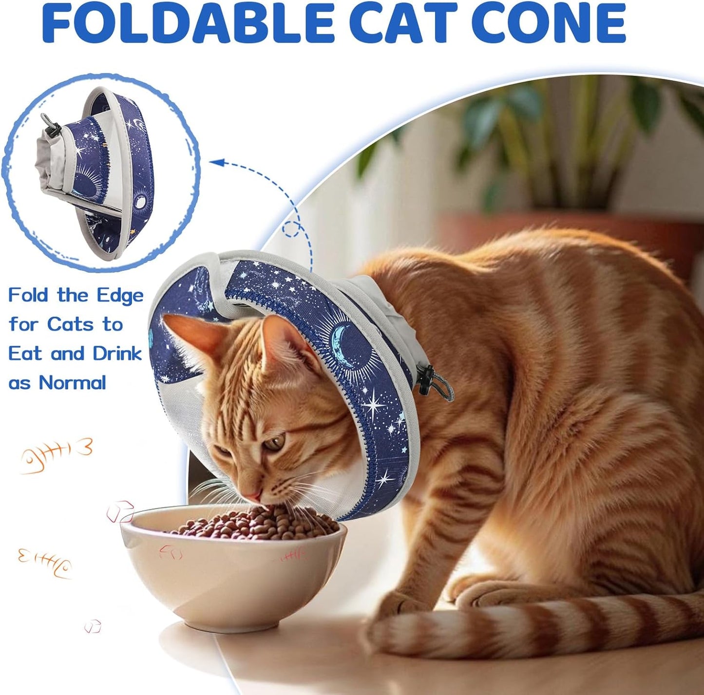 Breathable Air Mesh Cat Cone Collar Soft to Stop Licking, Adjustable, Foldable Lightweight Kitten Cones After Surgery Recovery for Cats & Kittens (Star Blue,S)