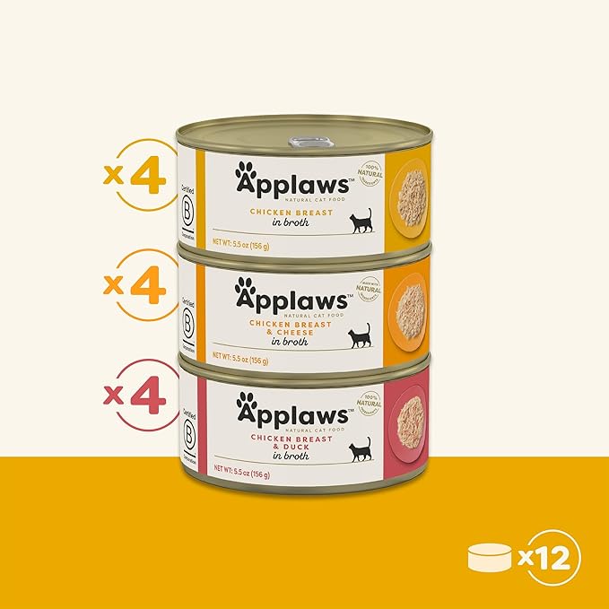 Applaws Natural Wet Cat Food in Broth, Limited and Natural Ingredients, High Protein with No Artificial Additives, Chicken Selection Variety Pack in Broth (12 x 5.5oz Cans)