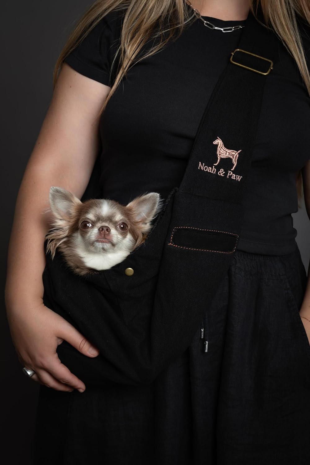 Noah & Paw Dog Sling Carrier for Small Dogs 3-10lb, Dog Sling for Small Dogs and Cats, Dog Carrier with Adjustable Padded Strap, Premium Denim, Lined with Fur, Double Safety Feature, Machine Washable