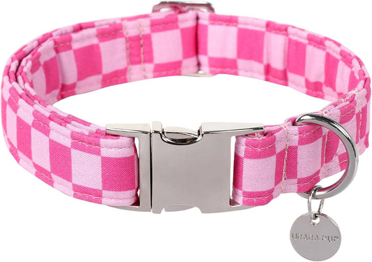 Dog Collar for Summer,Cute Pink Plaid Dog Collar,Cotton Puppy Collar with Adjustable Metal Buckle for Small,Medium,Large Girl Boy Dog