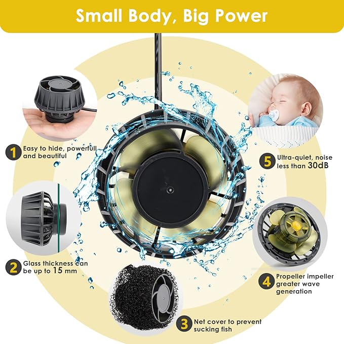 hygger 2114 GPH Aquarium Inverter Wavemaker Pump with LED Controller, DC 24V 10W Ultra-quiet Submersible Power Head with Magnetic Base, Circulation Pump for 30-75 Gal Freshwater Saltwater Tank