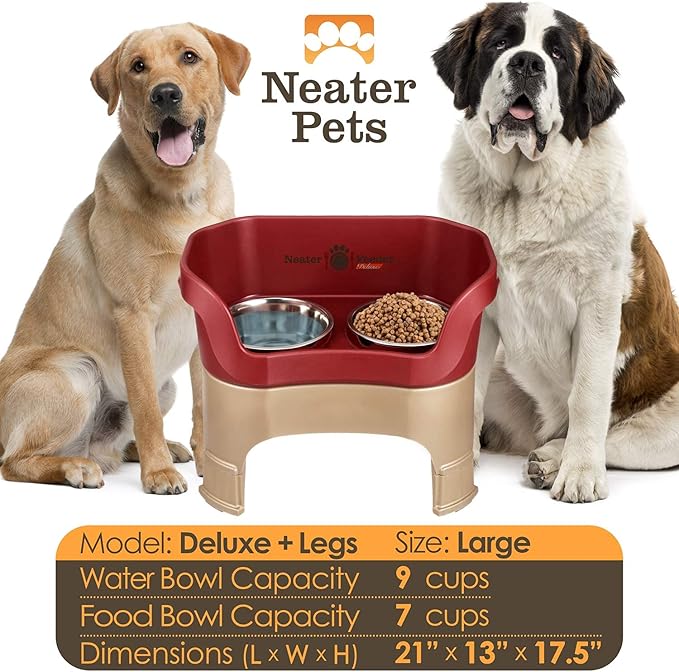 Neater Feeder Deluxe Mess Proof Dog Bowls Elevated for Large Dogs – Made in USA – No Spill Raised Dog Food Bowl Stand w/Leg Extensions – Stainless Steel Dog Food and Water Bowl Set – Red
