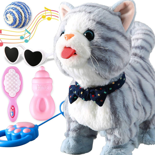 Gray Leash Walking Cat Set Toy Interactive Talking Cat Singing Dancing Kitten Mimicking Repeat What You Say Kitty Touch and Voice Control Nodding Wagging Tail Plush Electric Robot for Kid Girl
