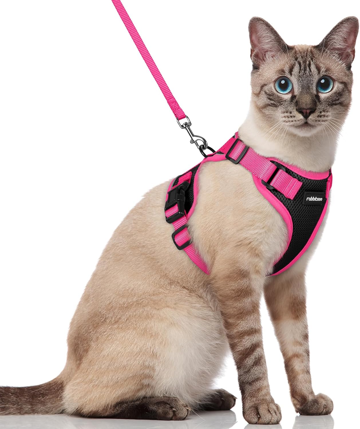 rabbitgoo Cat Harness and Leash Set, Escape Proof Soft Adjustable Vest Harnesses for Outdoor Walking, Easy Control Breathable Kitten Jacket with Reflective Strips, Black & Rose Pink, S