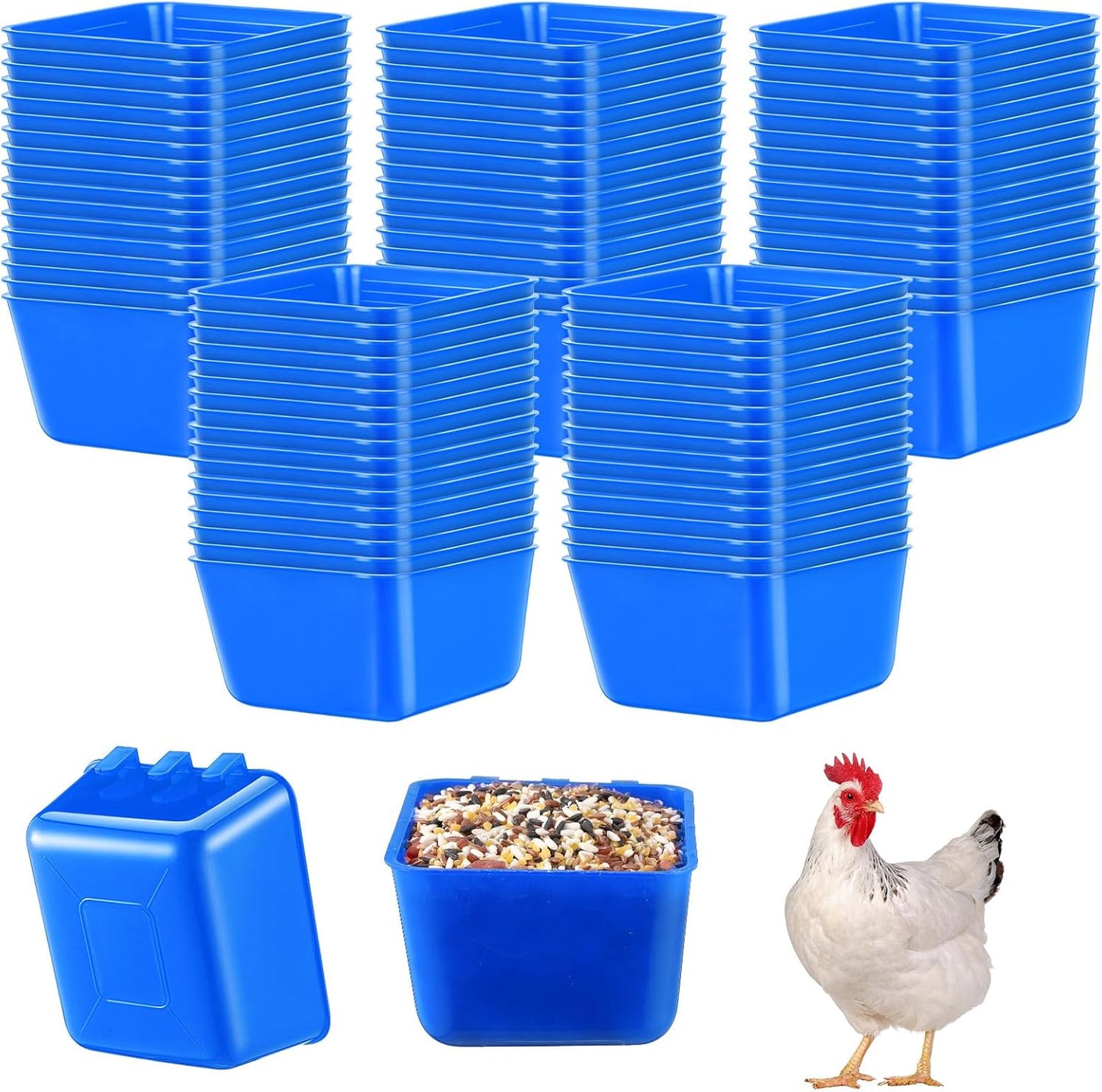 Maxdot 50 Pcs Cage Cups Chicken Feeder Cups 16 oz Hanging Bird Food Water Bowl Bunny Cage Feeding Dish for Pet Parrot Rooster Parakeet Gamefowl Poultry Pigeon(Blue)
