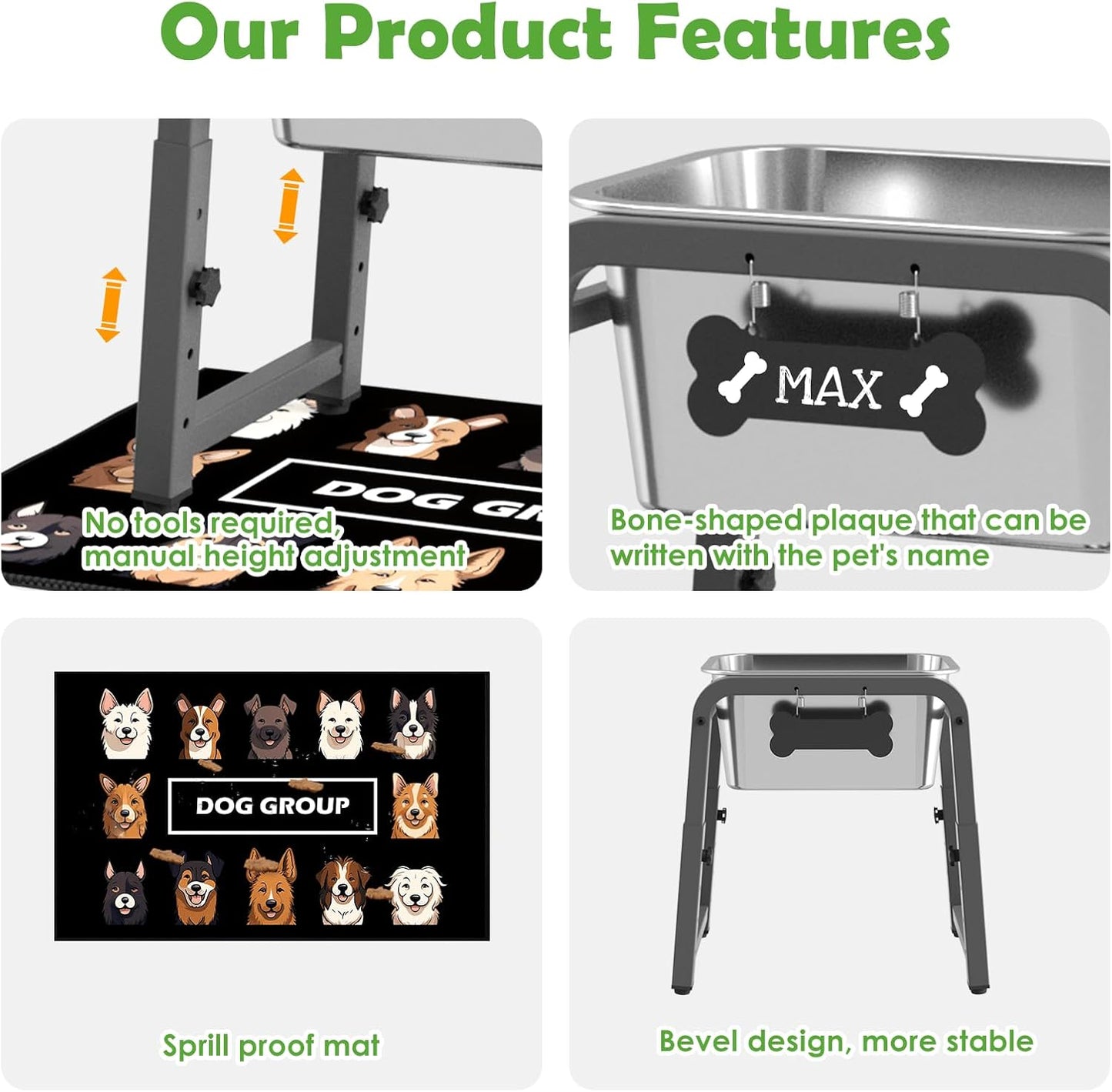 1.85 Gallon Elevated Dog Water Bowl, Height Adjustable (11–17'') Raised Stainless Steel Bowl with Spill-Proof Mat & Sturdy Metal Stand, Tip-Proof, Easy to Clean, Indoor & Outdoor Use