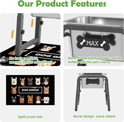 1.85 Gallon Elevated Dog Water Bowl, Height Adjustable (11–17'') Raised Stainless Steel Bowl with Spill-Proof Mat & Sturdy Metal Stand, Tip-Proof, Easy to Clean, Indoor & Outdoor Use