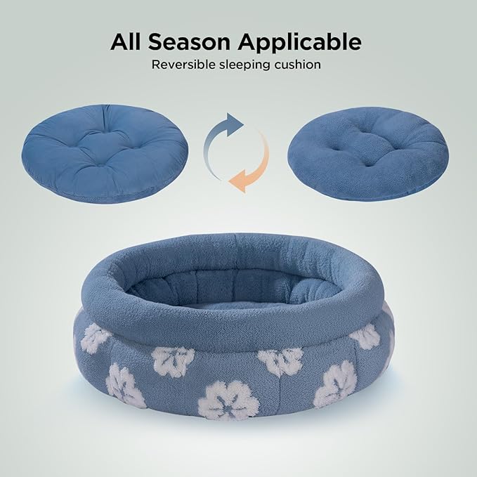 BALANCE Cat Beds for Indoor Cats, Washable Round Cat Bed, Cute 3D Flower Kitten Bed with Anti-Slip Bottom for Puppy and Kitten, 20 Inches, Blue