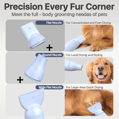 Dog Blow Dryer for Pet Grooming Handheld Lightweight Dog Cat Hair Dryer 3 Speeds 4 Temp, Portable 3HP High Velocity Pet Blower Quiet Dryer for Travel Campaign Home, with 3 Nozzles, Blue