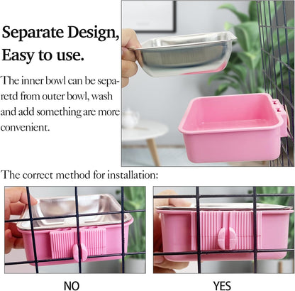 kathson Crate Dog Bowl, Removable Stainless Steel Hanging Pet Kennel Cage Bowl Food & Water Feeder Coop Cup for Puppy, Cat, Rabbit, Guinea Pigs 3pcs Small Square(Blue, Green, and Pink)