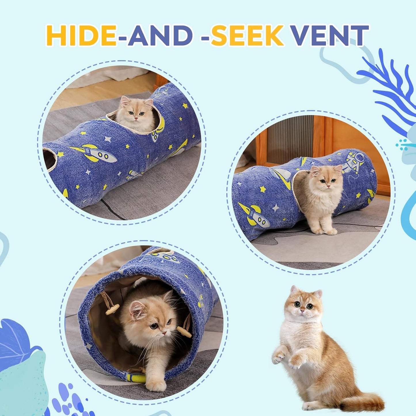 Glowing Astronaut Pattern Cat Tunnel - Collapsible with Plush Balls, Ideal for Indoor Cats, Rabbits, Kittens, Ferrets & Puppies (Blue)