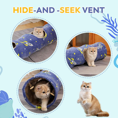 Glowing Astronaut Pattern Cat Tunnel - Collapsible with Plush Balls, Ideal for Indoor Cats, Rabbits, Kittens, Ferrets & Puppies (Blue)