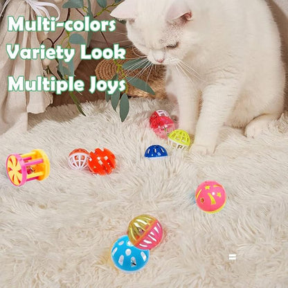 Cat Jingle Balls Toys 10Pcs 6 Styles for Indoor Cats - Plastic Lattice Cat Balls with Bells Kitten Rattle Toy, Gift Box and 1.5"